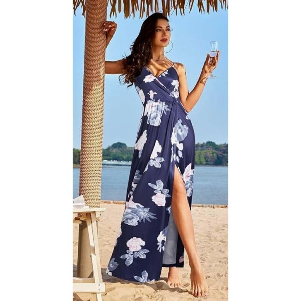 Boutique Blue & Pink Floral Wrap Front Side Slit‎ Maxi Dress 2XL